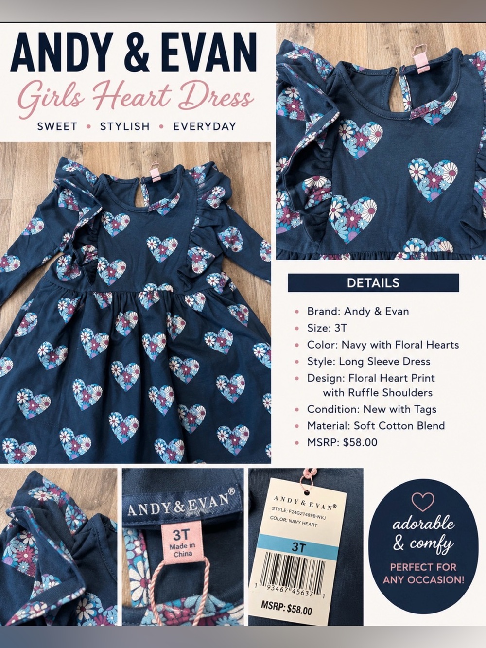 Andy & Evan Girls Navy Floral Heart Ruffle Dress Size 3T NWT Long Sleeve